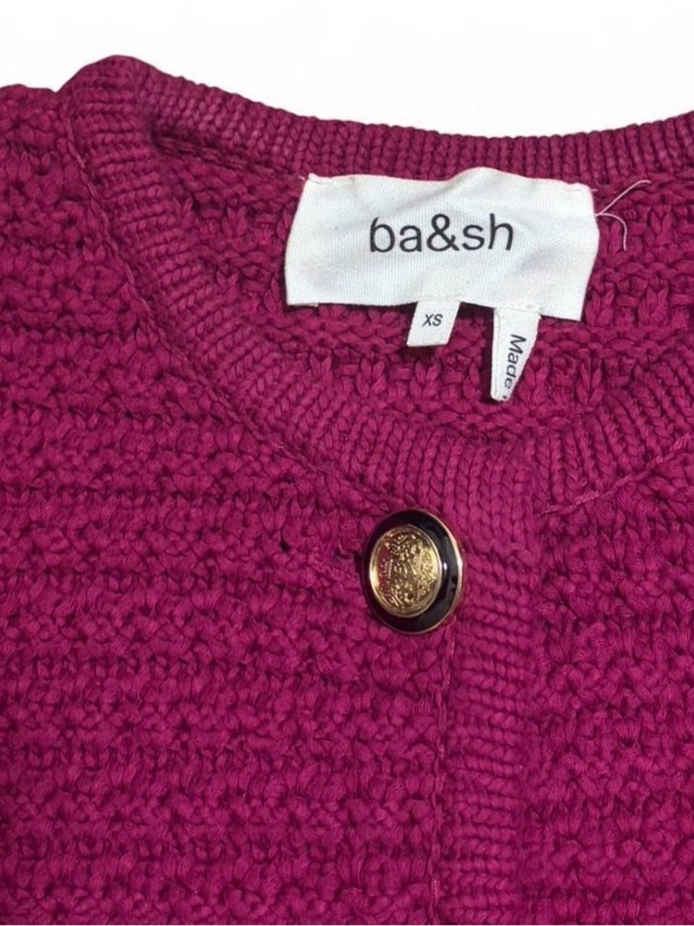 ba&sh Magenta Textured Knit Cardigan with Gold Button